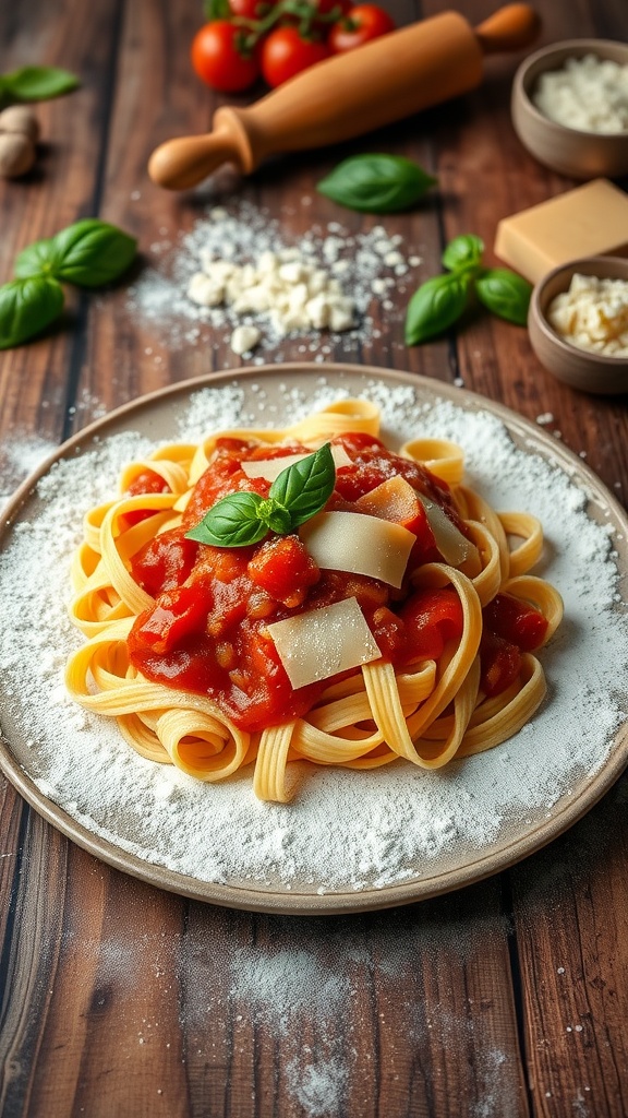 Freshly made fettuccine pasta with tomato sauce and basil on a rustic wooden table.